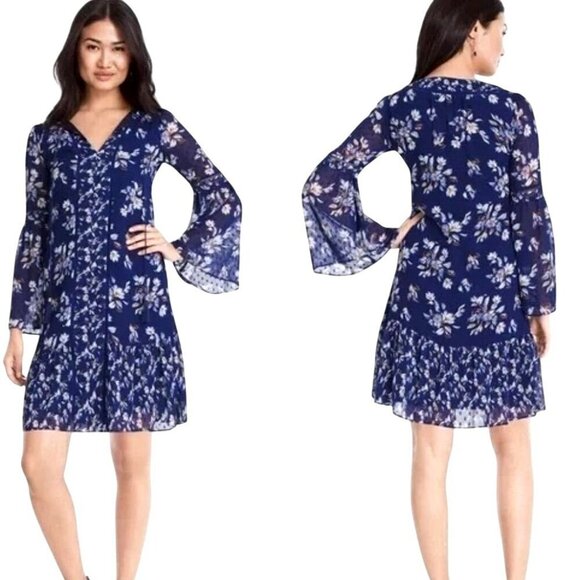 WHBM Dress Women Large Blue Floral‎ Print Tassel Tie Neck Peasant Boho Mini - Picture 1 of 10